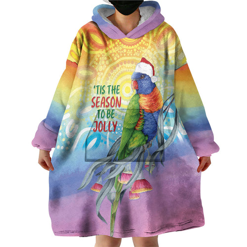 Rainbow Lorikeets Australia Christmas Wearable Blanket Hoodie Eucalyptus Blossoms Aboriginal Art