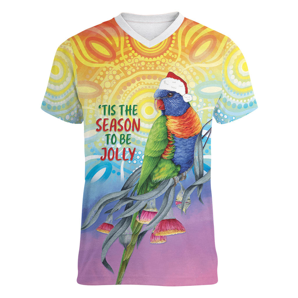 Rainbow Lorikeets Australia Christmas Women V-Neck T-Shirt Eucalyptus Blossoms Aboriginal Art