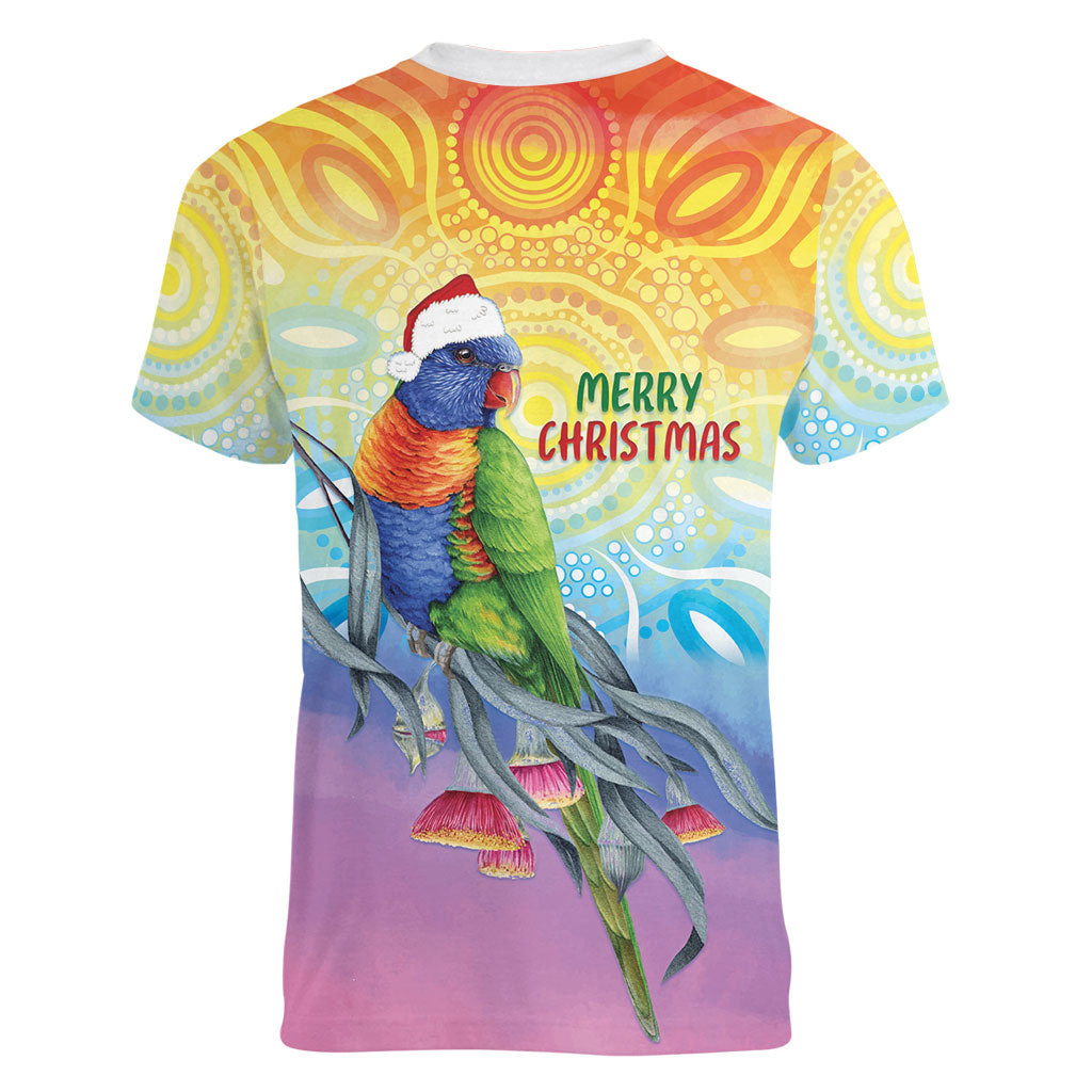Rainbow Lorikeets Australia Christmas Women V-Neck T-Shirt Eucalyptus Blossoms Aboriginal Art