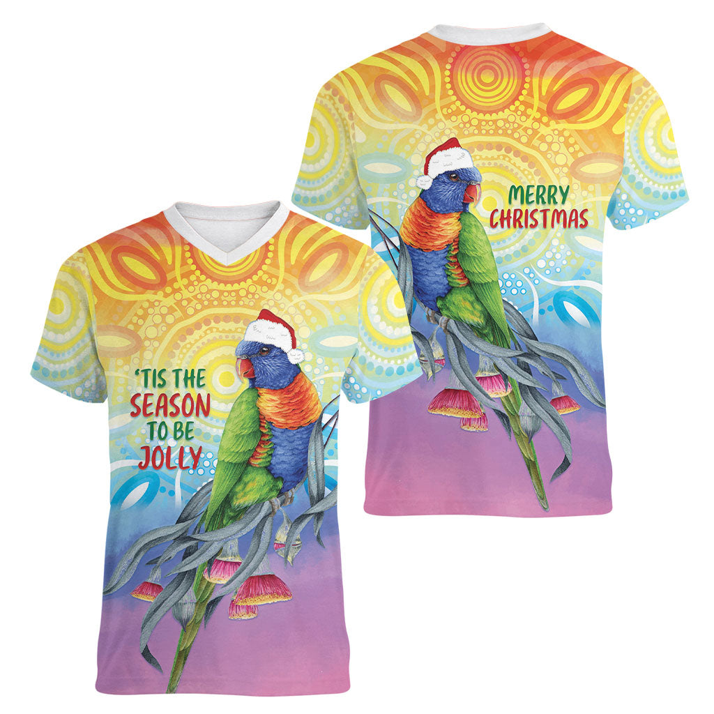 Rainbow Lorikeets Australia Christmas Women V-Neck T-Shirt Eucalyptus Blossoms Aboriginal Art