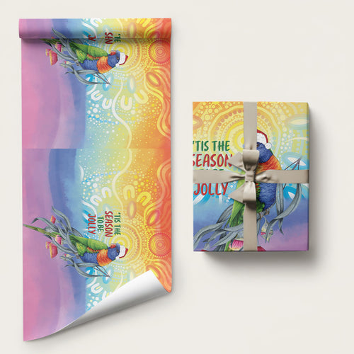 Rainbow Lorikeets Australia Christmas Wrapping Paper Eucalyptus Blossoms Aboriginal Art