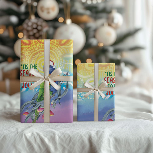 Rainbow Lorikeets Australia Christmas Wrapping Paper Eucalyptus Blossoms Aboriginal Art