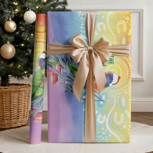 Rainbow Lorikeets Australia Christmas Wrapping Paper Eucalyptus Blossoms Aboriginal Art