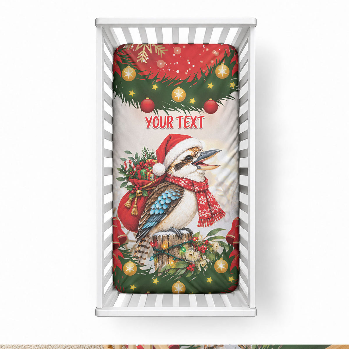 Personalised Kookaburra Australia Christmas Baby Bed Cover Kooka-la-la-la-la Xmas Bows