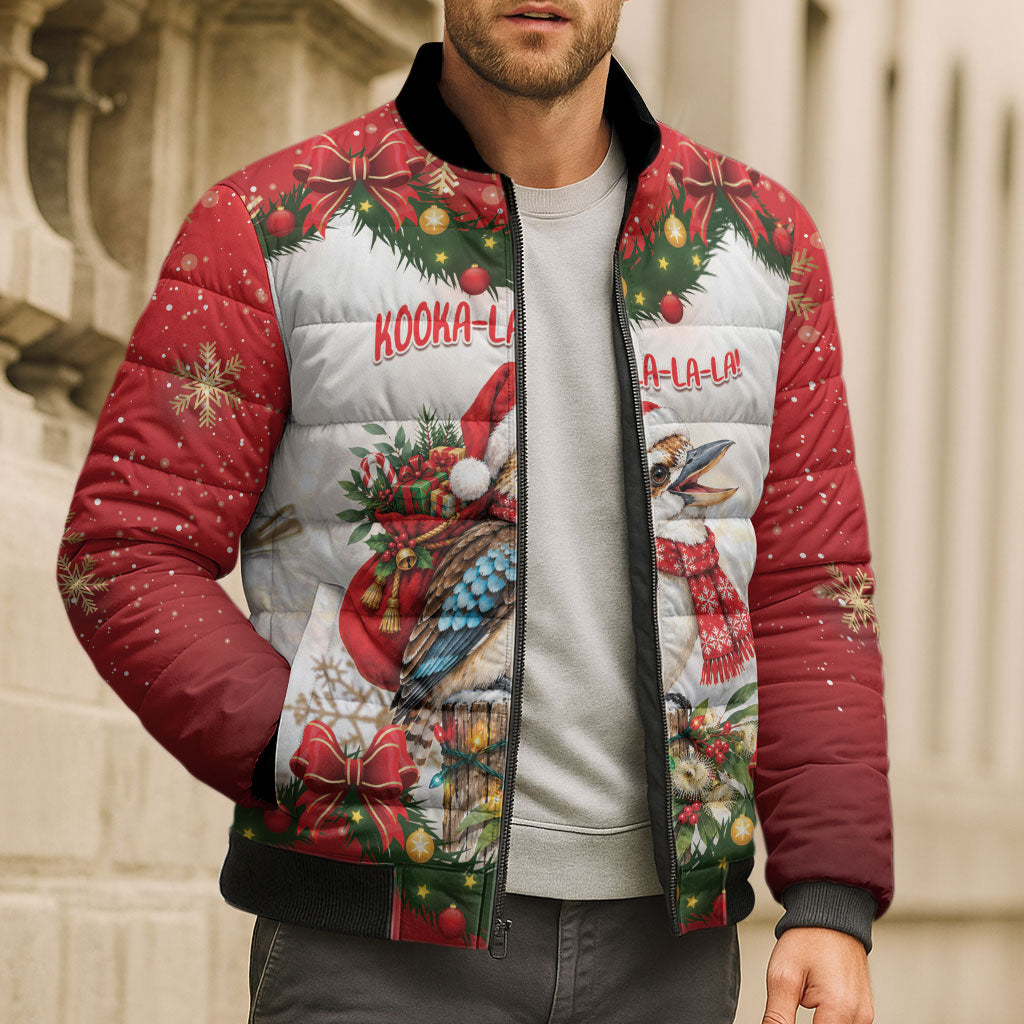 Personalised Kookaburra Australia Christmas Bomber Puffer Jacket Kooka-la-la-la-la Xmas Bows