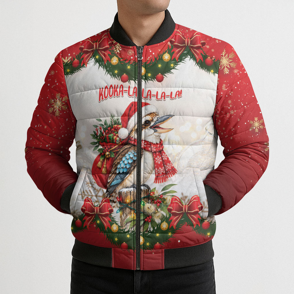 Personalised Kookaburra Australia Christmas Bomber Puffer Jacket Kooka-la-la-la-la Xmas Bows