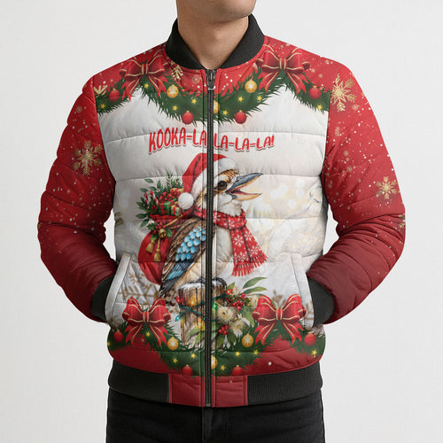Personalised Kookaburra Australia Christmas Bomber Puffer Jacket Kooka-la-la-la-la Xmas Bows