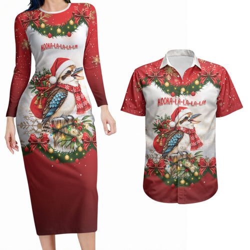 Personalised Kookaburra Australia Christmas Couples Matching Long Sleeve Bodycon Dress and Hawaiian Shirt Kooka-la-la-la-la Xmas Bows