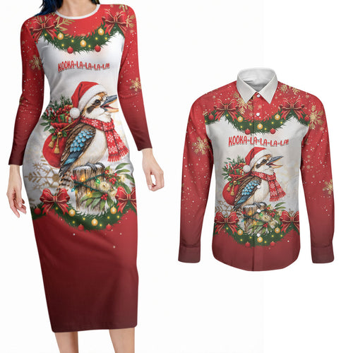 Personalised Kookaburra Australia Christmas Couples Matching Long Sleeve Bodycon Dress and Long Sleeve Button Shirt Kooka-la-la-la-la Xmas Bows