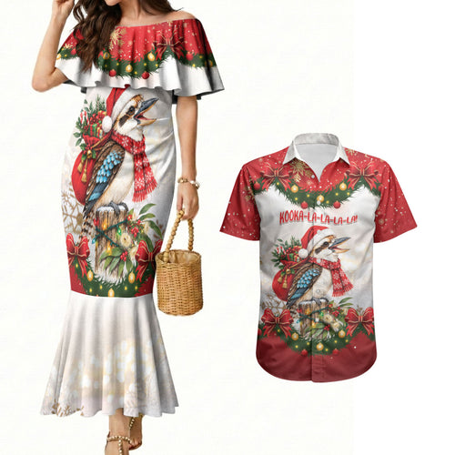 Personalised Kookaburra Australia Christmas Couples Matching Mermaid Dress and Hawaiian Shirt Kooka-la-la-la-la Xmas Bows