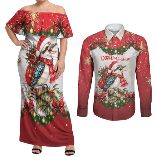 Personalised Kookaburra Australia Christmas Couples Matching Off Shoulder Maxi Dress and Long Sleeve Button Shirt Kooka-la-la-la-la Xmas Bows
