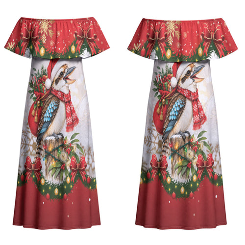 Personalised Kookaburra Australia Christmas Couples Matching Off Shoulder Maxi Dress and Long Sleeve Button Shirt Kooka-la-la-la-la Xmas Bows