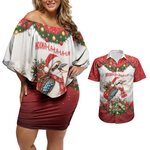 Personalised Kookaburra Australia Christmas Couples Matching Off Shoulder Short Dress and Hawaiian Shirt Kooka-la-la-la-la Xmas Bows