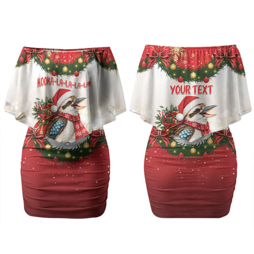 Personalised Kookaburra Australia Christmas Couples Matching Off Shoulder Short Dress and Hawaiian Shirt Kooka-la-la-la-la Xmas Bows