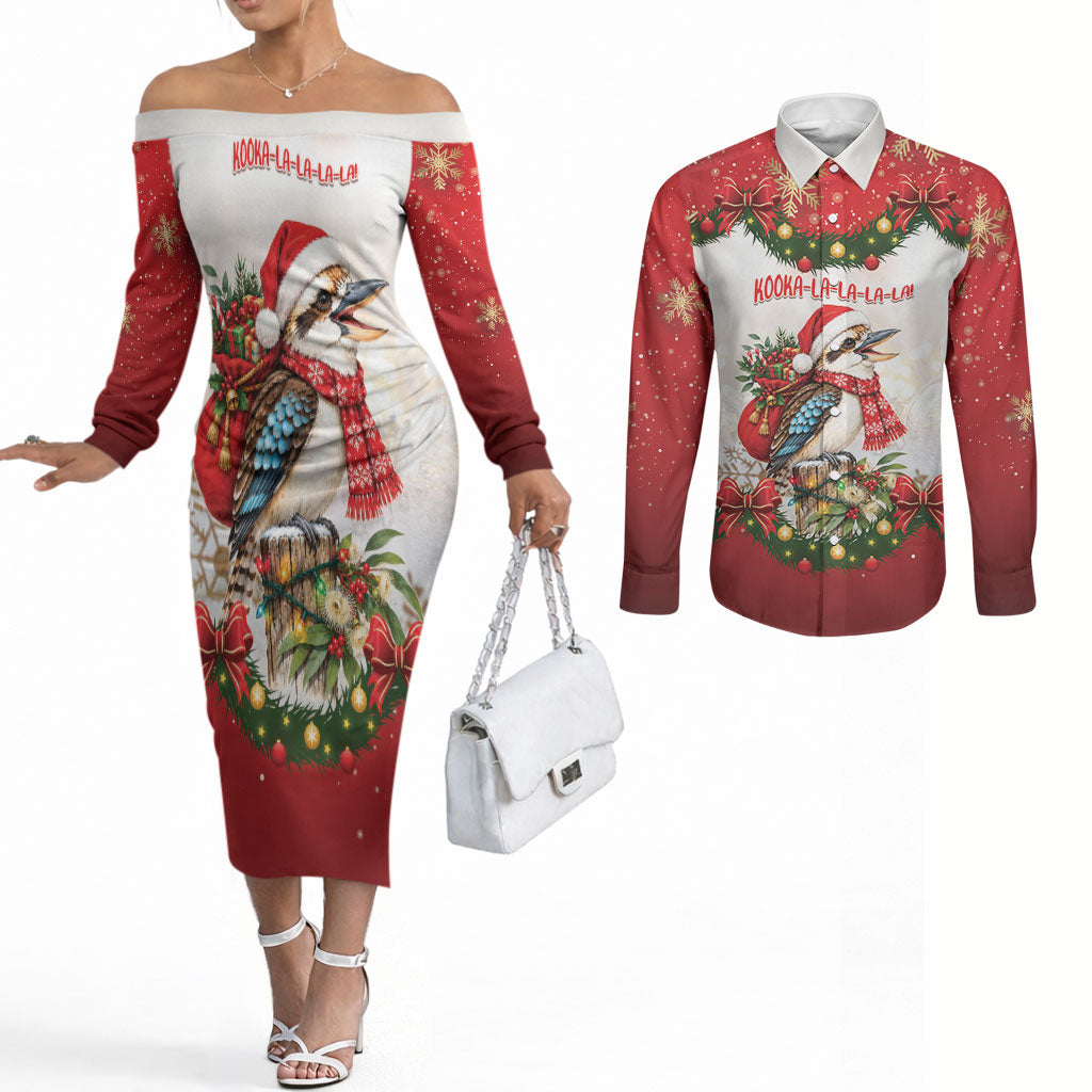 Personalised Kookaburra Australia Christmas Couples Matching Off The Shoulder Long Sleeve Dress and Long Sleeve Button Shirt Kooka-la-la-la-la Xmas Bows