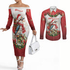 Personalised Kookaburra Australia Christmas Couples Matching Off The Shoulder Long Sleeve Dress and Long Sleeve Button Shirt Kooka-la-la-la-la Xmas Bows