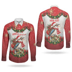 Personalised Kookaburra Australia Christmas Couples Matching Off The Shoulder Long Sleeve Dress and Long Sleeve Button Shirt Kooka-la-la-la-la Xmas Bows