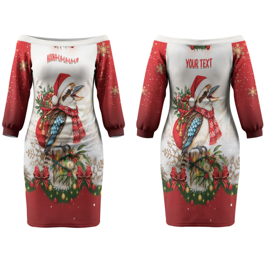 Personalised Kookaburra Australia Christmas Couples Matching Off The Shoulder Long Sleeve Dress and Long Sleeve Button Shirt Kooka-la-la-la-la Xmas Bows