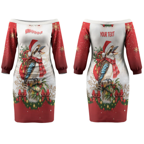 Personalised Kookaburra Australia Christmas Couples Matching Off The Shoulder Long Sleeve Dress and Long Sleeve Button Shirt Kooka-la-la-la-la Xmas Bows