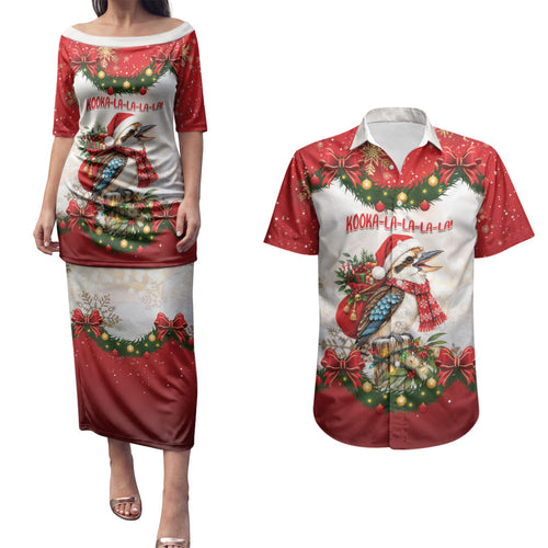 Personalised Kookaburra Australia Christmas Couples Matching Puletasi and Hawaiian Shirt Kooka-la-la-la-la Xmas Bows
