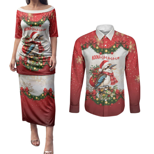 Personalised Kookaburra Australia Christmas Couples Matching Puletasi and Long Sleeve Button Shirt Kooka-la-la-la-la Xmas Bows