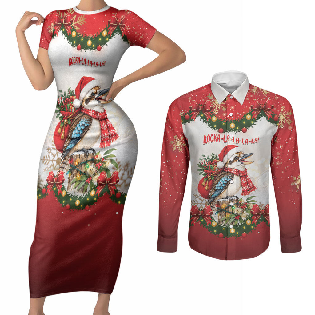 Personalised Kookaburra Australia Christmas Couples Matching Short Sleeve Bodycon Dress and Long Sleeve Button Shirt Kooka-la-la-la-la Xmas Bows