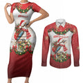 Personalised Kookaburra Australia Christmas Couples Matching Short Sleeve Bodycon Dress and Long Sleeve Button Shirt Kooka-la-la-la-la Xmas Bows