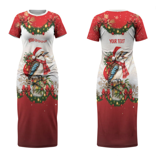Personalised Kookaburra Australia Christmas Couples Matching Short Sleeve Bodycon Dress and Long Sleeve Button Shirt Kooka-la-la-la-la Xmas Bows