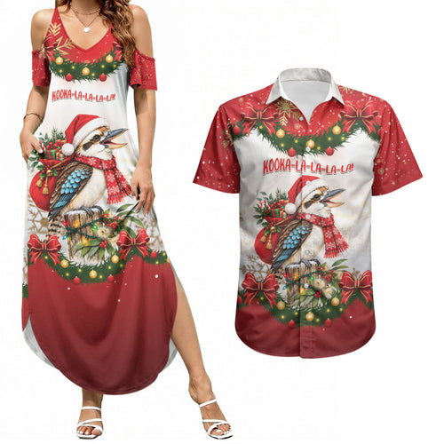 Personalised Kookaburra Australia Christmas Couples Matching Summer Maxi Dress and Hawaiian Shirt Kooka-la-la-la-la Xmas Bows