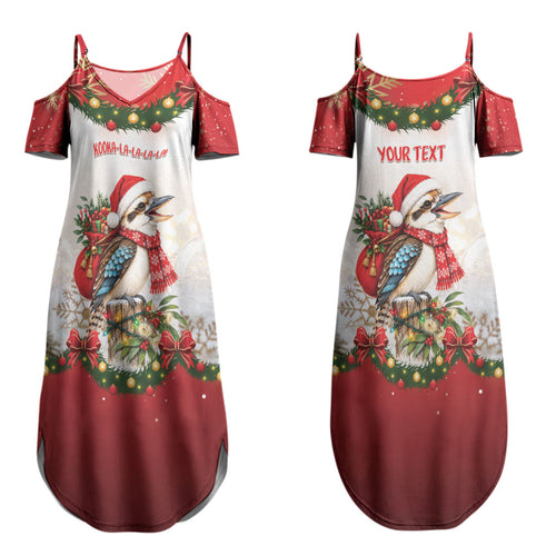 Personalised Kookaburra Australia Christmas Couples Matching Summer Maxi Dress and Hawaiian Shirt Kooka-la-la-la-la Xmas Bows