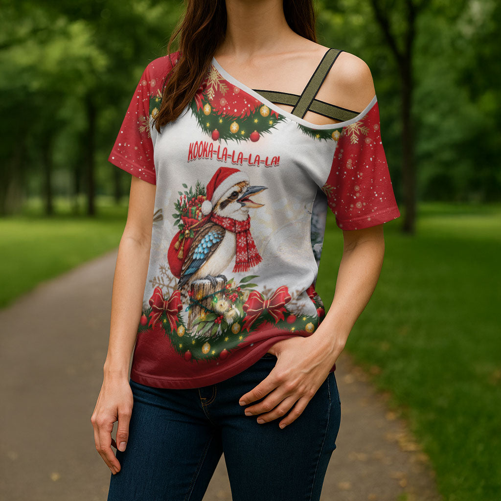 Personalised Kookaburra Australia Christmas Cross Shoulder Shirt Kooka-la-la-la-la Xmas Bows