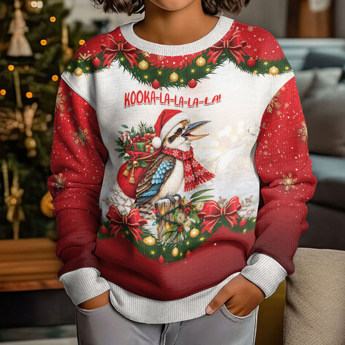 Personalised Kookaburra Australia Christmas Kid Ugly Christmas Sweater Kooka-la-la-la-la Xmas Bows