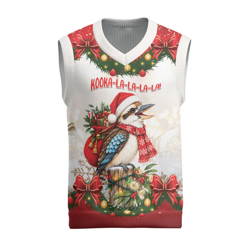 Personalised Kookaburra Australia Christmas Knitted V-Neck Vest Kooka-la-la-la-la Xmas Bows
