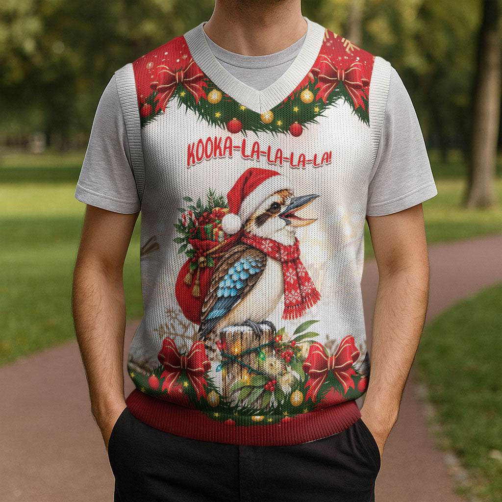 Personalised Kookaburra Australia Christmas Knitted V-Neck Vest Kooka-la-la-la-la Xmas Bows