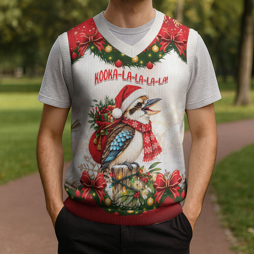 Personalised Kookaburra Australia Christmas Knitted V-Neck Vest Kooka-la-la-la-la Xmas Bows