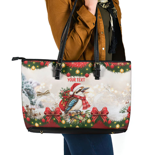 Personalised Kookaburra Australia Christmas Leather Tote Bag Kooka-la-la-la-la Xmas Bows