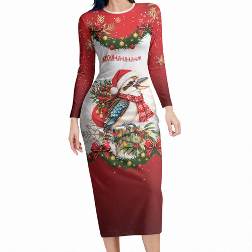 Personalised Kookaburra Australia Christmas Long Sleeve Bodycon Dress Kooka-la-la-la-la Xmas Bows