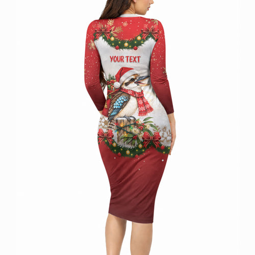 Personalised Kookaburra Australia Christmas Long Sleeve Bodycon Dress Kooka-la-la-la-la Xmas Bows