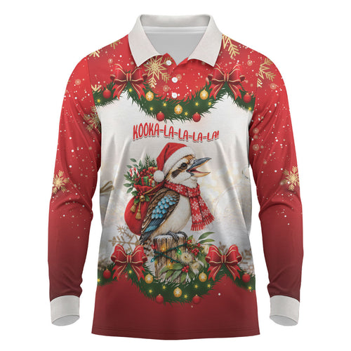 Personalised Kookaburra Australia Christmas Long Sleeve Polo Shirt Kooka-la-la-la-la Xmas Bows