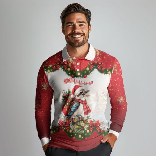 Personalised Kookaburra Australia Christmas Long Sleeve Polo Shirt Kooka-la-la-la-la Xmas Bows