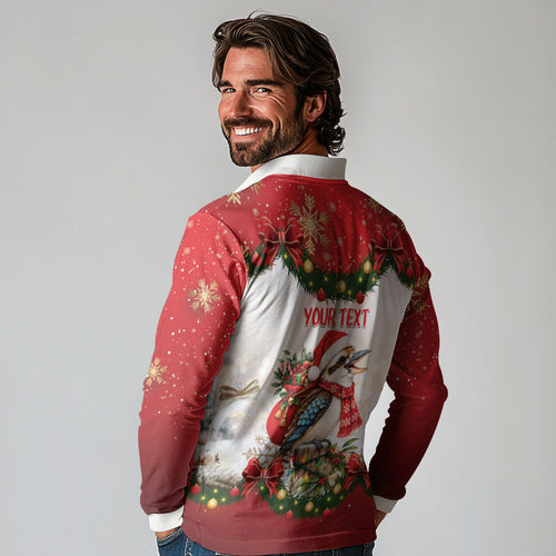 Personalised Kookaburra Australia Christmas Long Sleeve Polo Shirt Kooka-la-la-la-la Xmas Bows