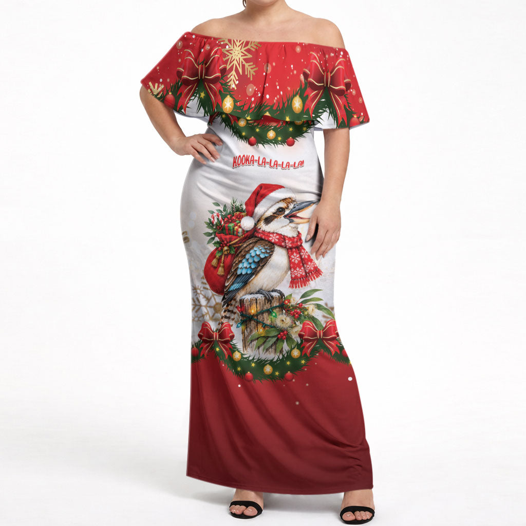 Personalised Kookaburra Australia Christmas Off Shoulder Maxi Dress Kooka-la-la-la-la Xmas Bows