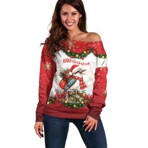 Personalised Kookaburra Australia Christmas Off Shoulder Sweater Kooka-la-la-la-la Xmas Bows