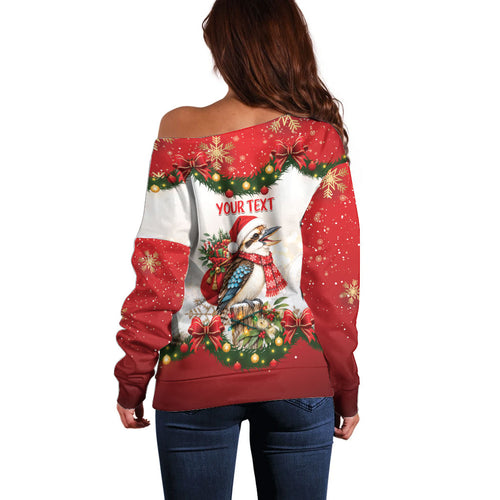 Personalised Kookaburra Australia Christmas Off Shoulder Sweater Kooka-la-la-la-la Xmas Bows