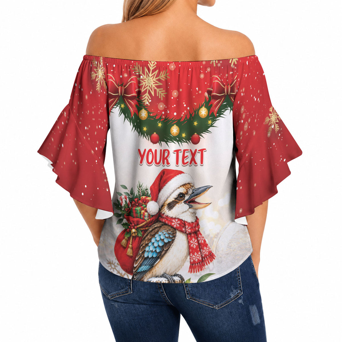 Personalised Kookaburra Australia Christmas Off Shoulder Wrap Waist Top Kooka-la-la-la-la Xmas Bows