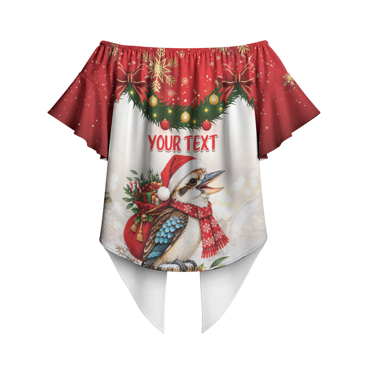 Personalised Kookaburra Australia Christmas Off Shoulder Wrap Waist Top Kooka-la-la-la-la Xmas Bows
