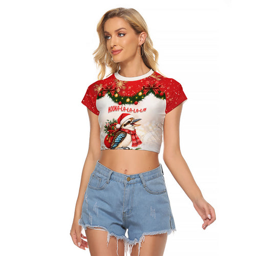 Personalised Kookaburra Australia Christmas Raglan Cropped T Shirt Kooka-la-la-la-la Xmas Bows