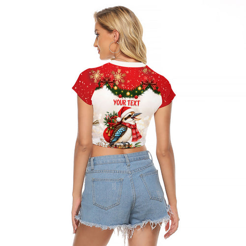 Personalised Kookaburra Australia Christmas Raglan Cropped T Shirt Kooka-la-la-la-la Xmas Bows