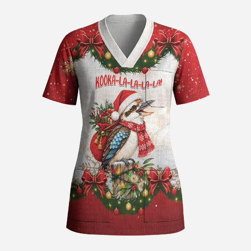 Personalised Kookaburra Australia Christmas Scrub Top Kooka-la-la-la-la Xmas Bows