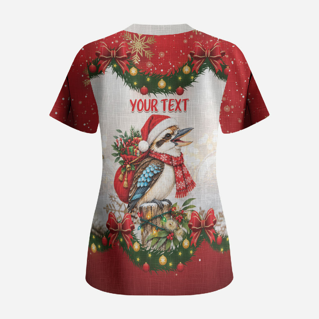 Personalised Kookaburra Australia Christmas Scrub Top Kooka-la-la-la-la Xmas Bows
